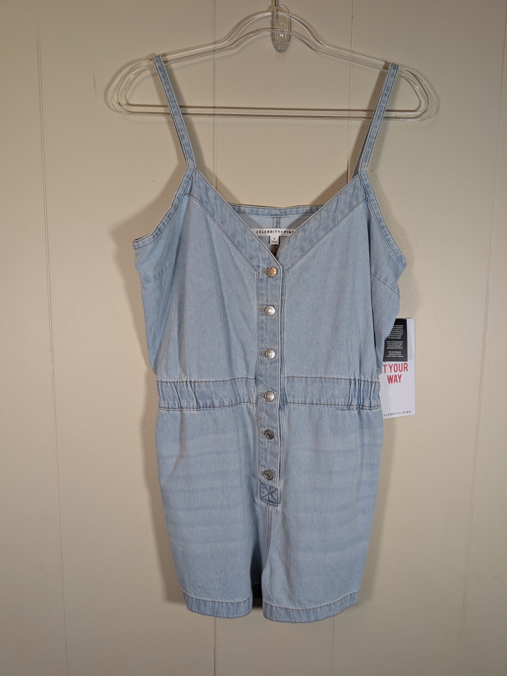 CELEBRITY PINK Denim Romper Medium Light Wash Button Front Strappy NWT